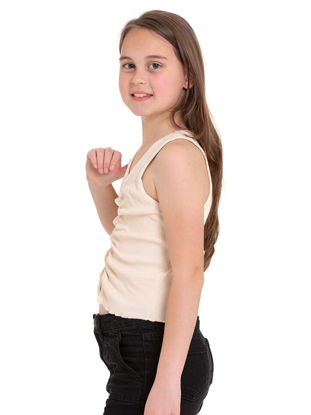 Sıfır Kol V Yaka Büzgülü Ekru Renk Kız Çocuk Tshirt-1