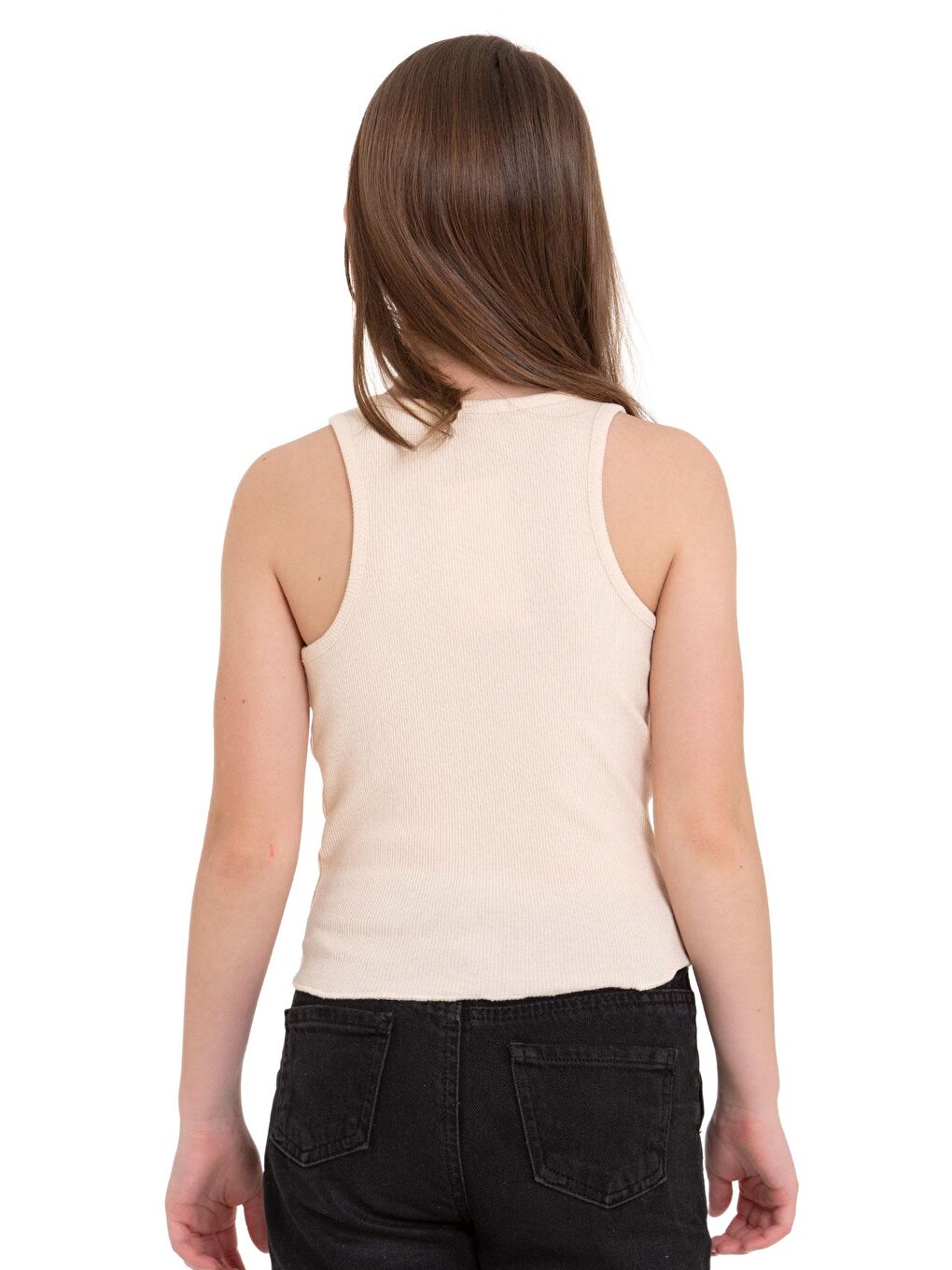 Sıfır Kol V Yaka Büzgülü Ekru Renk Kız Çocuk Tshirt-2