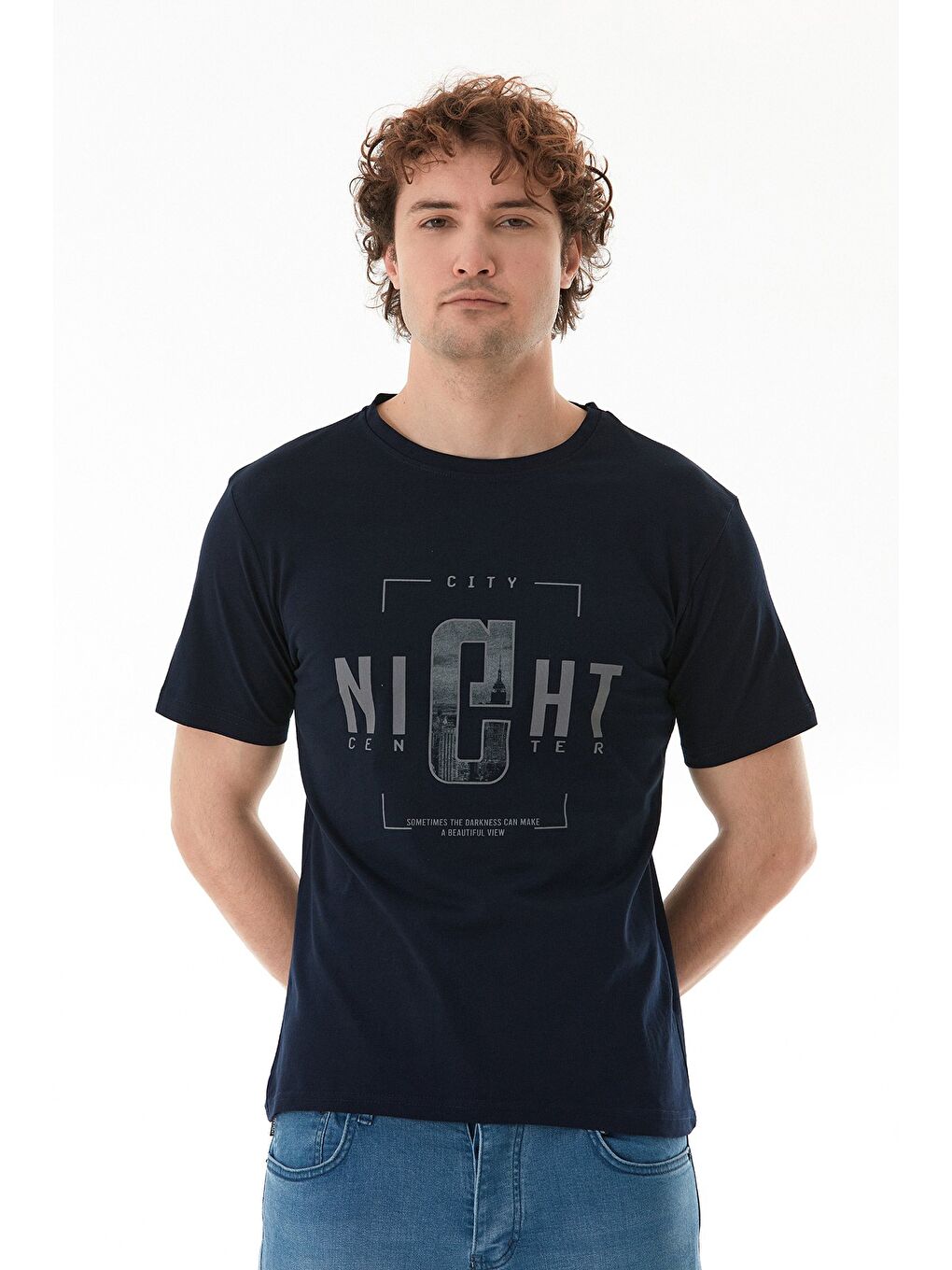 Lacivert Night Yazı Baskılı Bisiklet Yaka Tişört