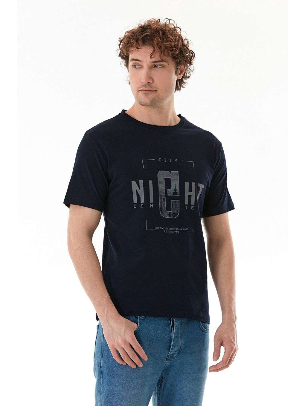 Lacivert Night Yazı Baskılı Bisiklet Yaka Tişört-2