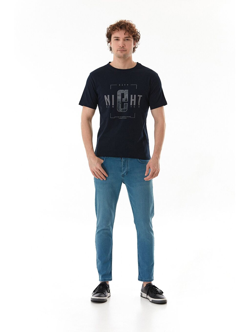 Lacivert Night Yazı Baskılı Bisiklet Yaka Tişört-3
