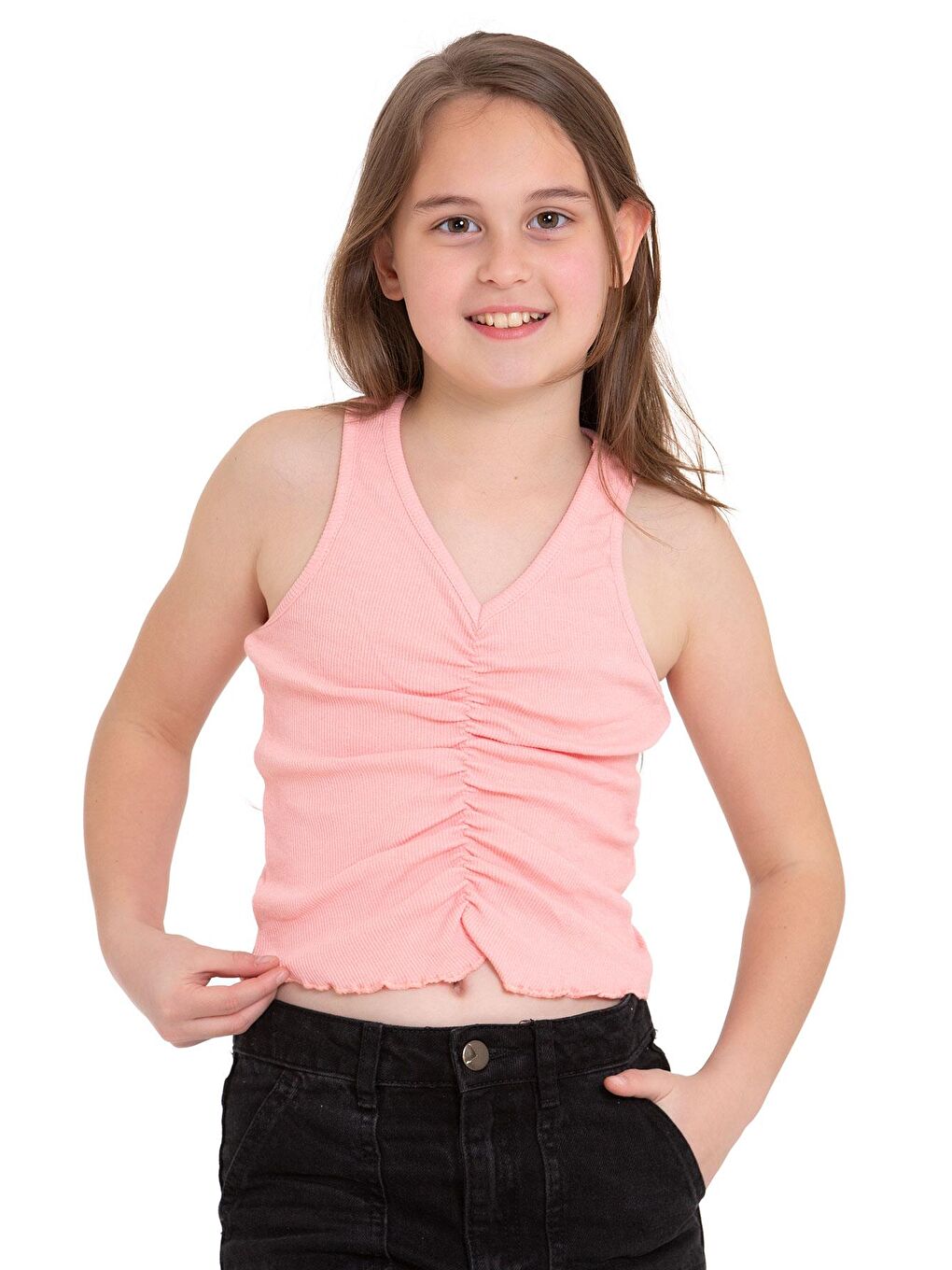 Pembe Sıfır Kol V Yaka Büzgülü Somon Renk Kız Çocuk Tshirt