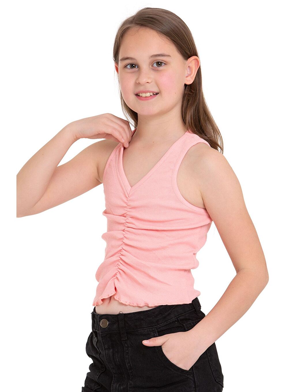 Pembe Sıfır Kol V Yaka Büzgülü Somon Renk Kız Çocuk Tshirt-1