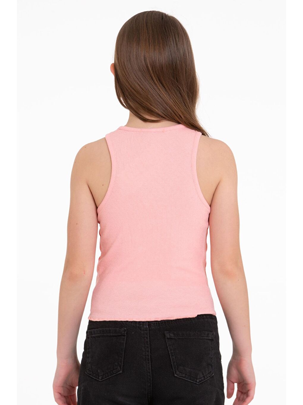 Pembe Sıfır Kol V Yaka Büzgülü Somon Renk Kız Çocuk Tshirt-2