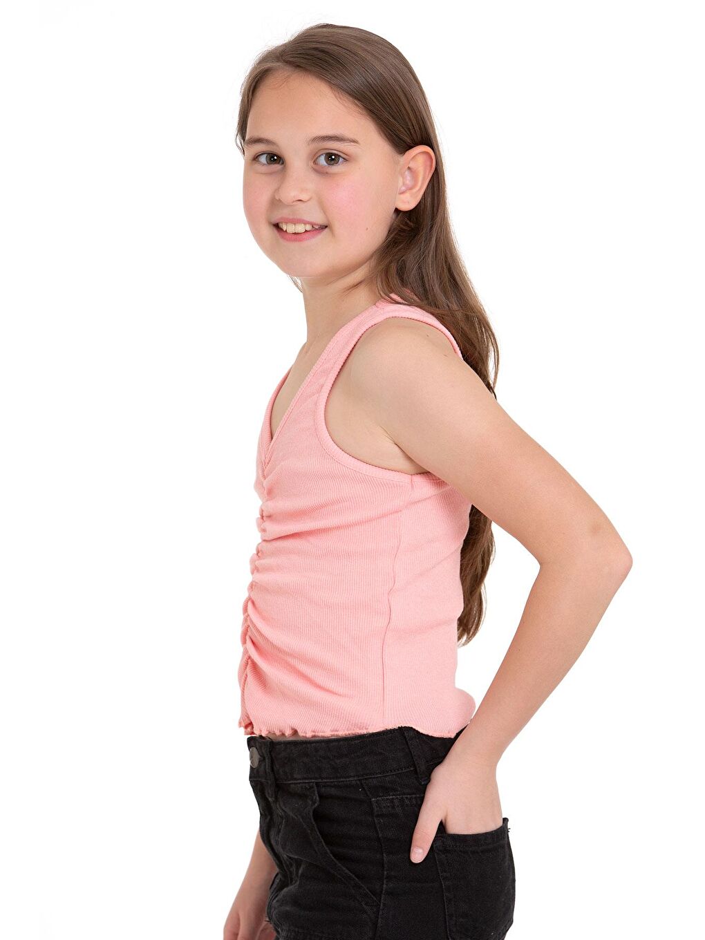 Pembe Sıfır Kol V Yaka Büzgülü Somon Renk Kız Çocuk Tshirt-3