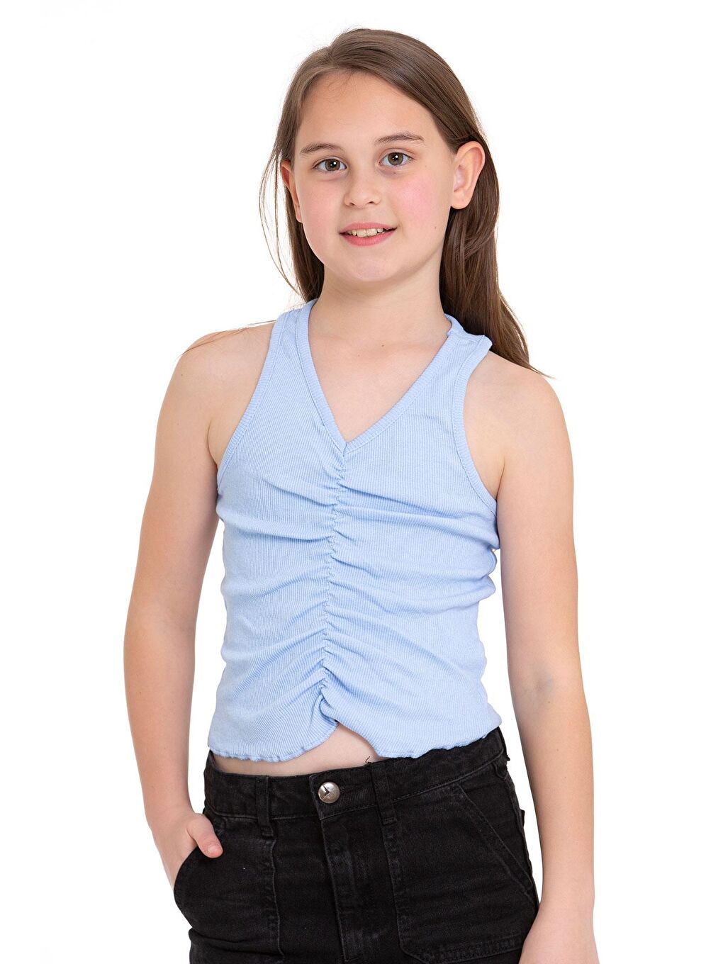 Sıfır Kol V Yaka Büzgülü Buz Mavisi Renk Kız Çocuk Tshirt