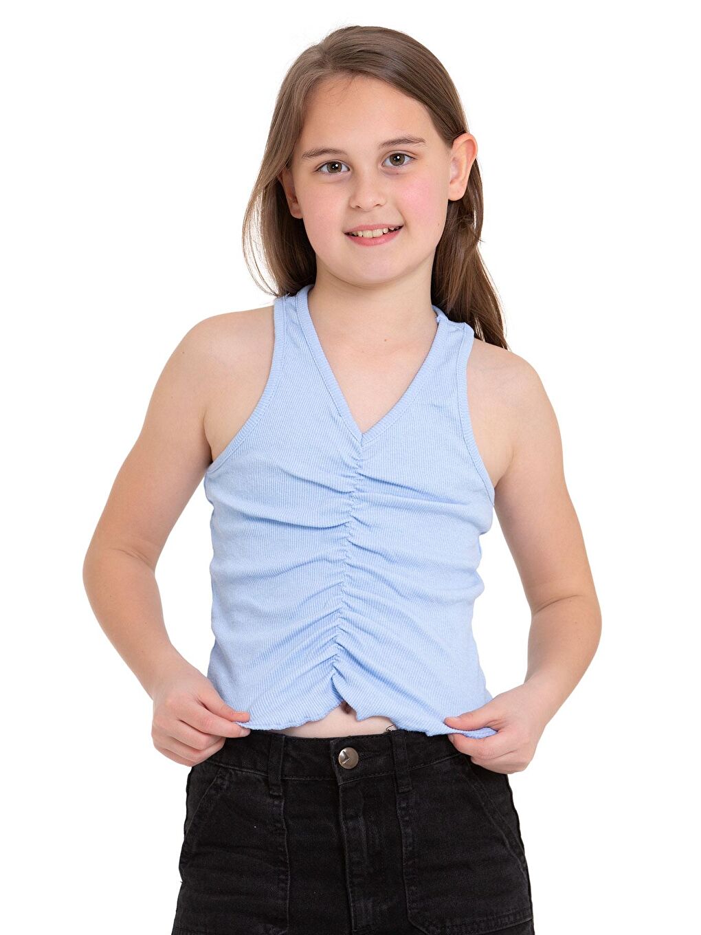 Sıfır Kol V Yaka Büzgülü Buz Mavisi Renk Kız Çocuk Tshirt-1