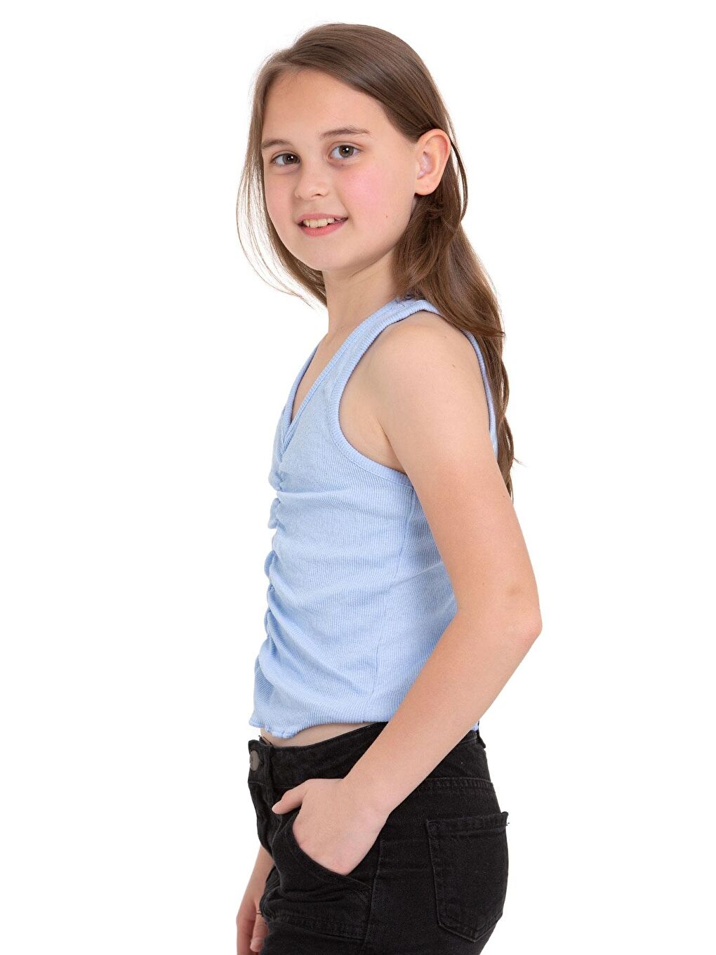 Sıfır Kol V Yaka Büzgülü Buz Mavisi Renk Kız Çocuk Tshirt-3