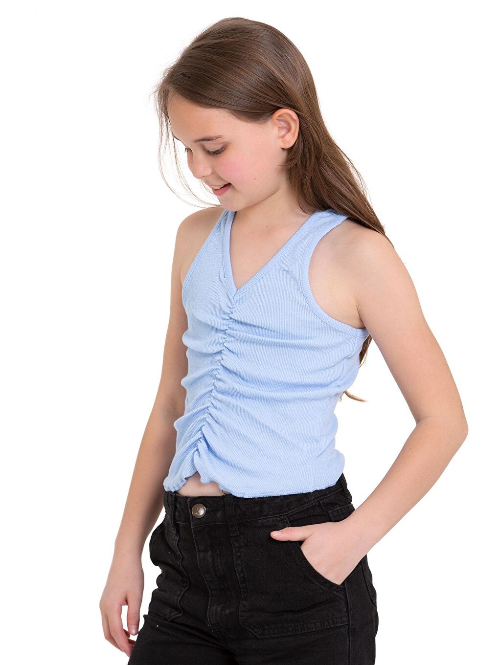 Sıfır Kol V Yaka Büzgülü Buz Mavisi Renk Kız Çocuk Tshirt-4