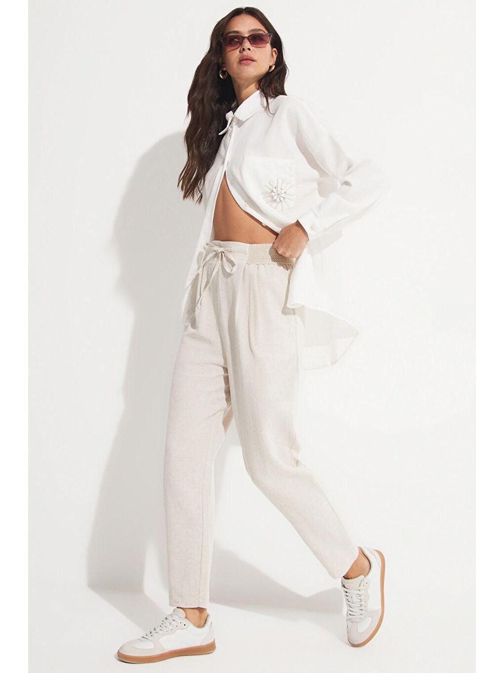 Bej Beli Lastikli Pantolon-1