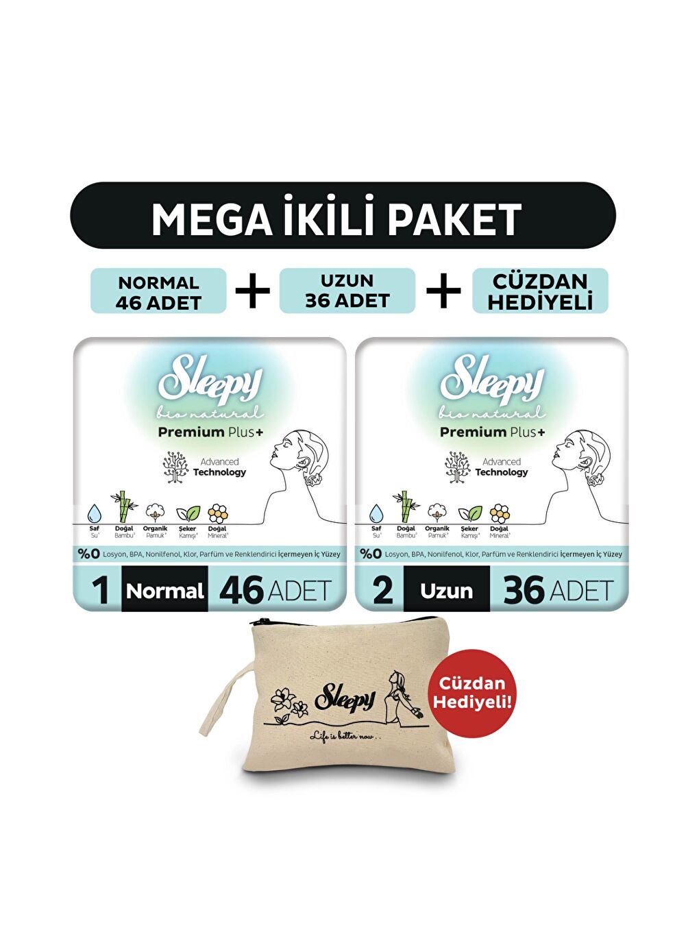 Bio Natural Premium Plus Hijyenik Ped Mega Paket Normal 46 Adet+Uzun 36 Adet+Cüzdan Hediyeli