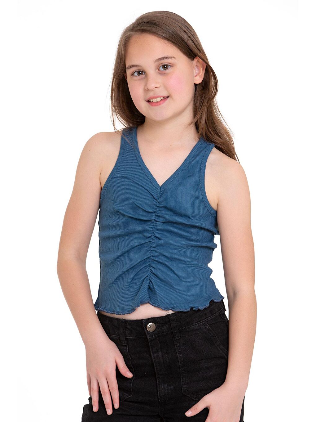 İndigo Sıfır Kol V Yaka Büzgülü Indigo Renk Kız Çocuk Tshirt