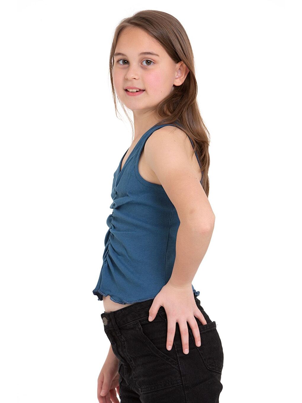 İndigo Sıfır Kol V Yaka Büzgülü Indigo Renk Kız Çocuk Tshirt-1