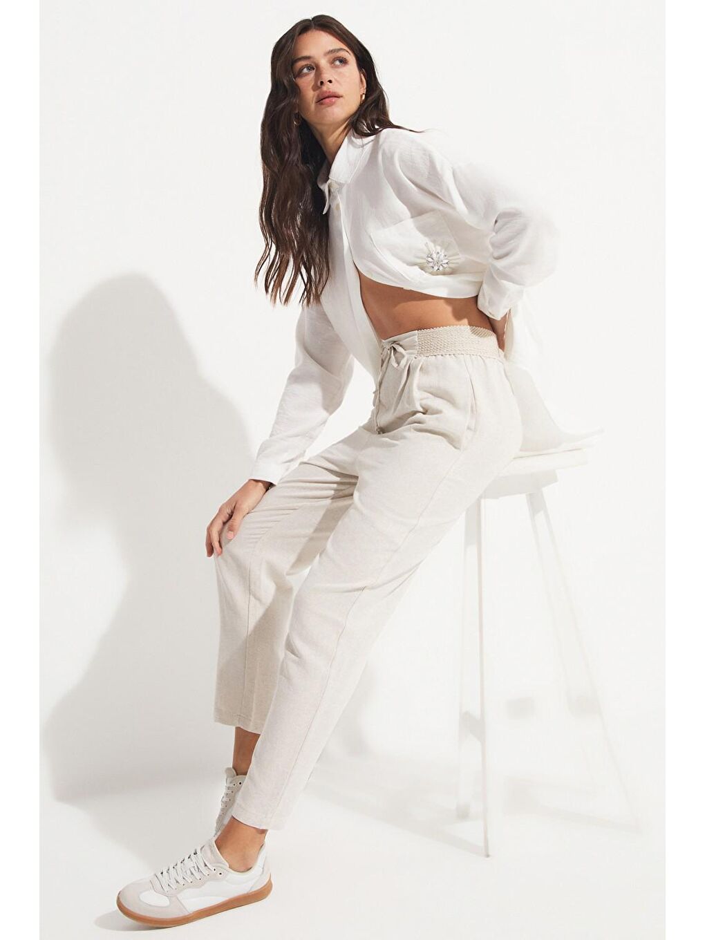 Bej Beli Lastikli Pantolon-2