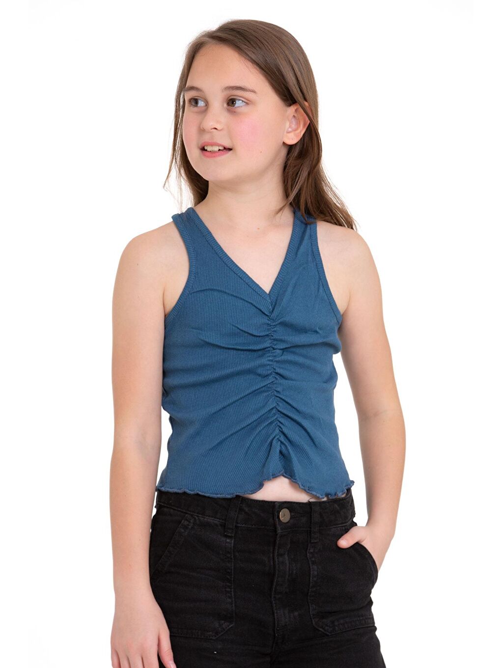 İndigo Sıfır Kol V Yaka Büzgülü Indigo Renk Kız Çocuk Tshirt-3