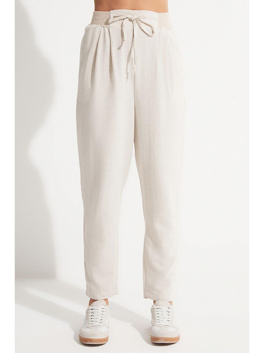 Bej Beli Lastikli Pantolon-3