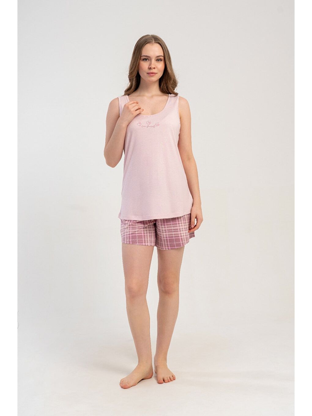 Kalın Askılı Şortlu Pijama Takımı Pembe-512199-1
