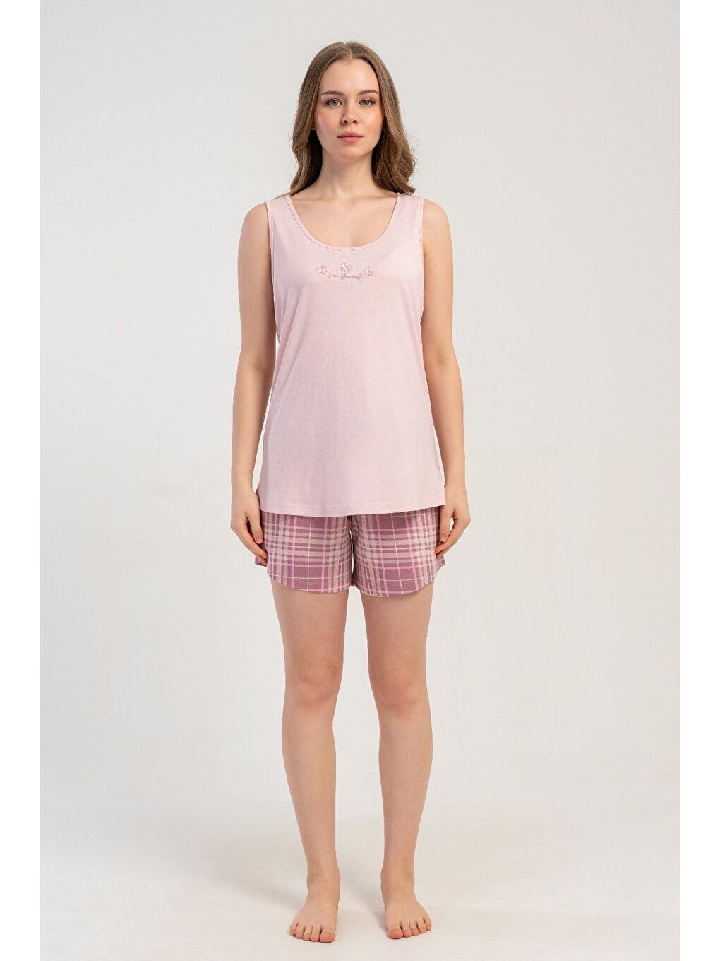 Kalın Askılı Şortlu Pijama Takımı Pembe-512199-2