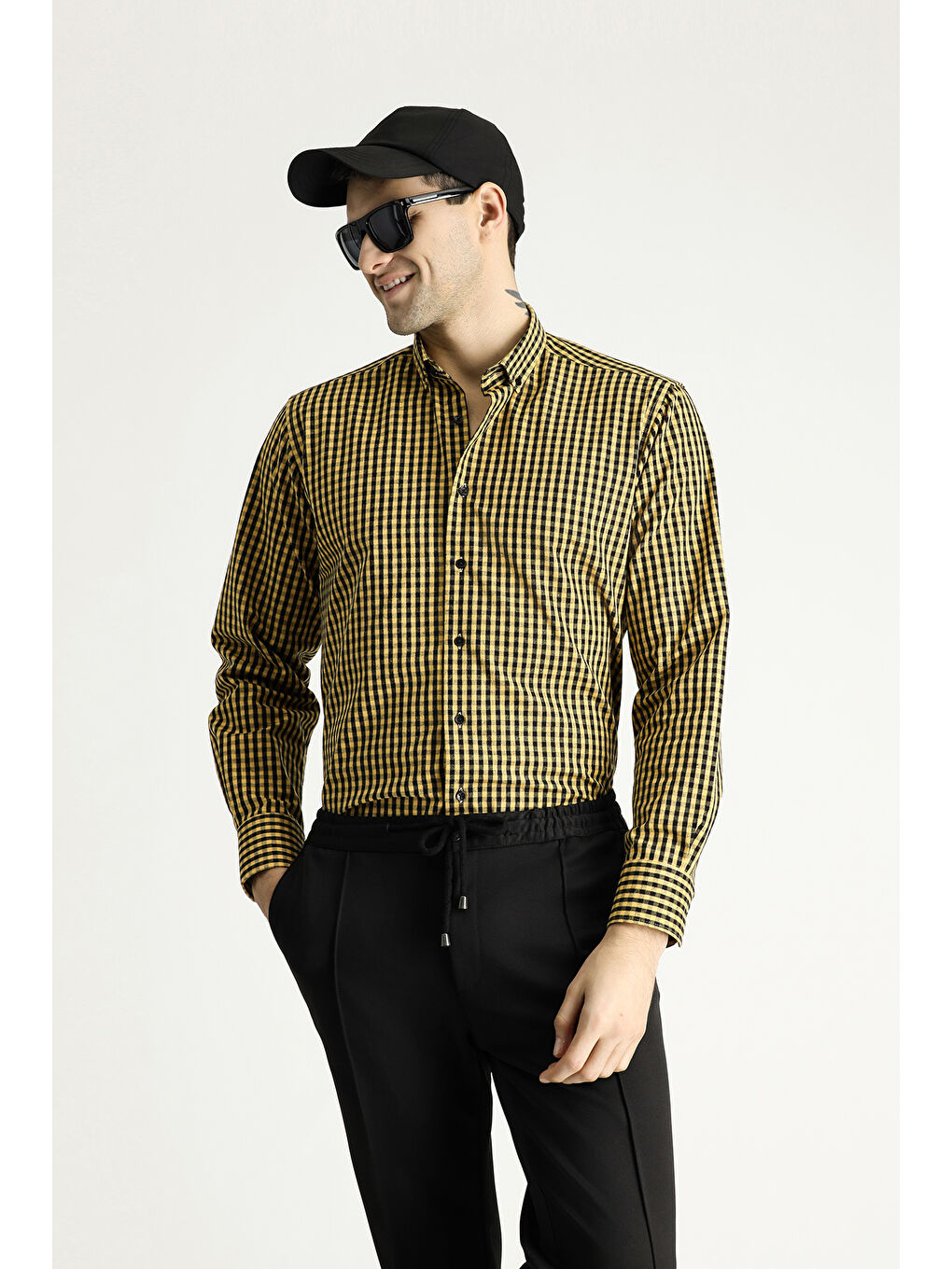 Sarı Uzun Kol Regular Fit Oduncu Ekose Pamuklu Kolay Ütülenebilir Düğmeli Yaka Gömlek