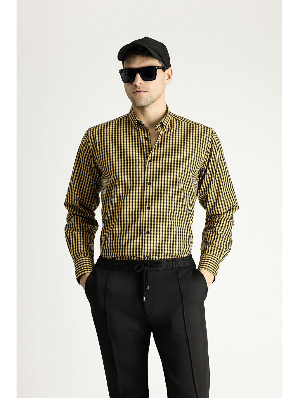 Sarı Uzun Kol Regular Fit Oduncu Ekose Pamuklu Kolay Ütülenebilir Düğmeli Yaka Gömlek-1