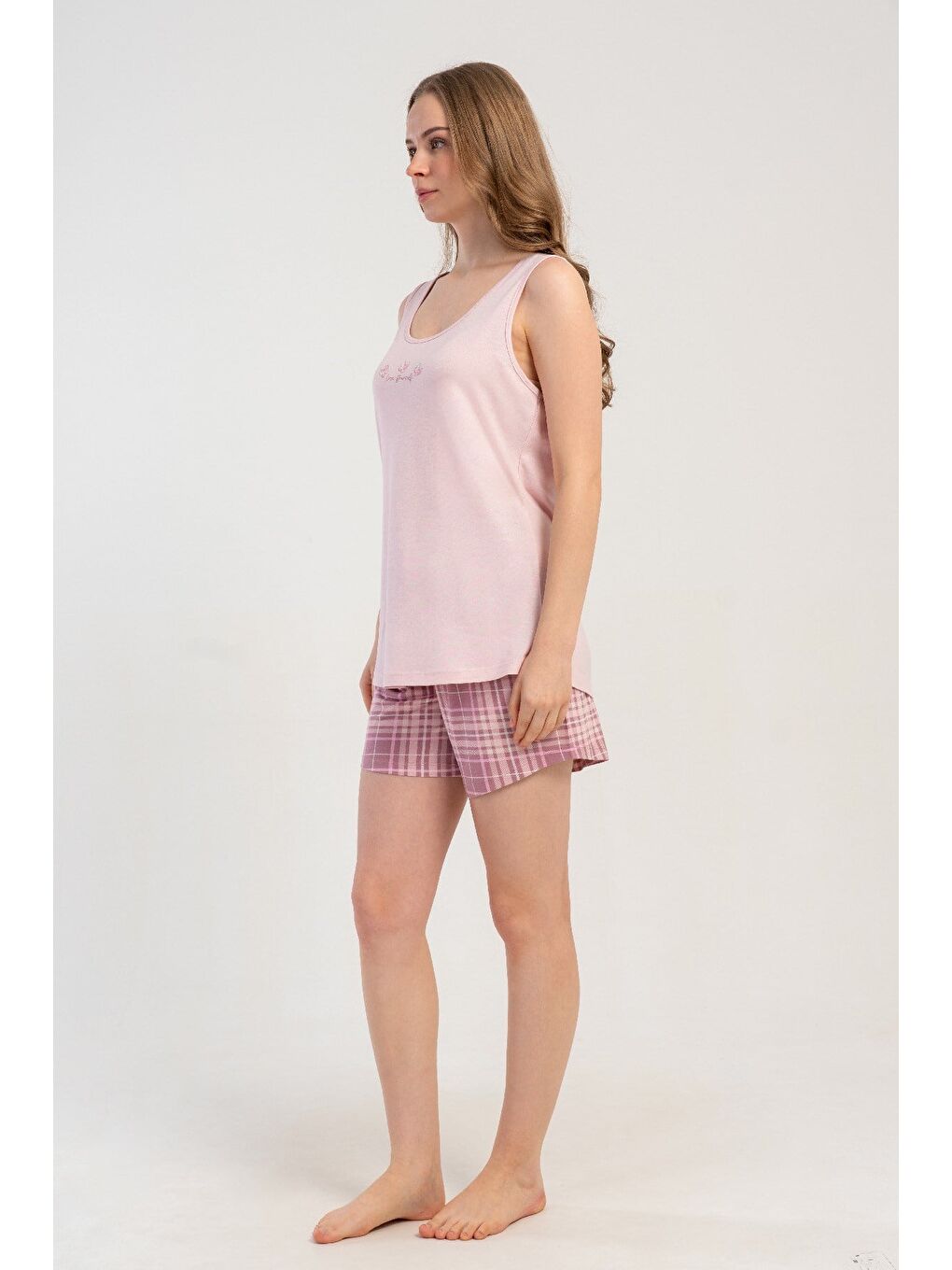 Kalın Askılı Şortlu Pijama Takımı Pembe-512199-4
