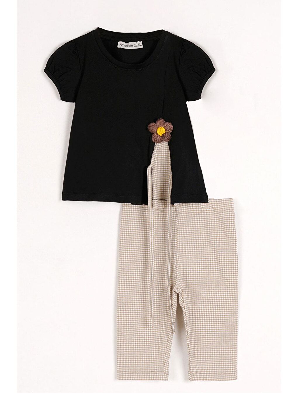 Kısa Kol Çiçek Işlemeli Renkli Kurdale Detaylı Bej Renk Kız Çocuk Taytlı Takım