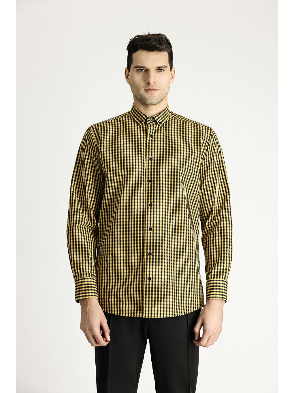 Sarı Uzun Kol Regular Fit Oduncu Ekose Pamuklu Kolay Ütülenebilir Düğmeli Yaka Gömlek-2
