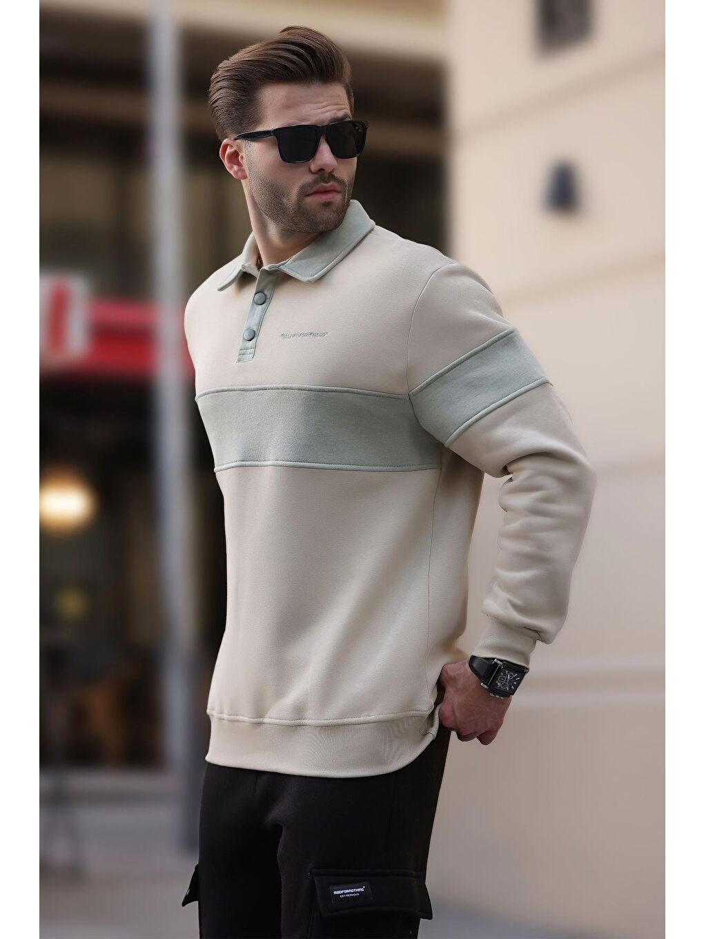 Bej Polo Yaka Renk Bloklu Erkek Sweatshirt 7072
