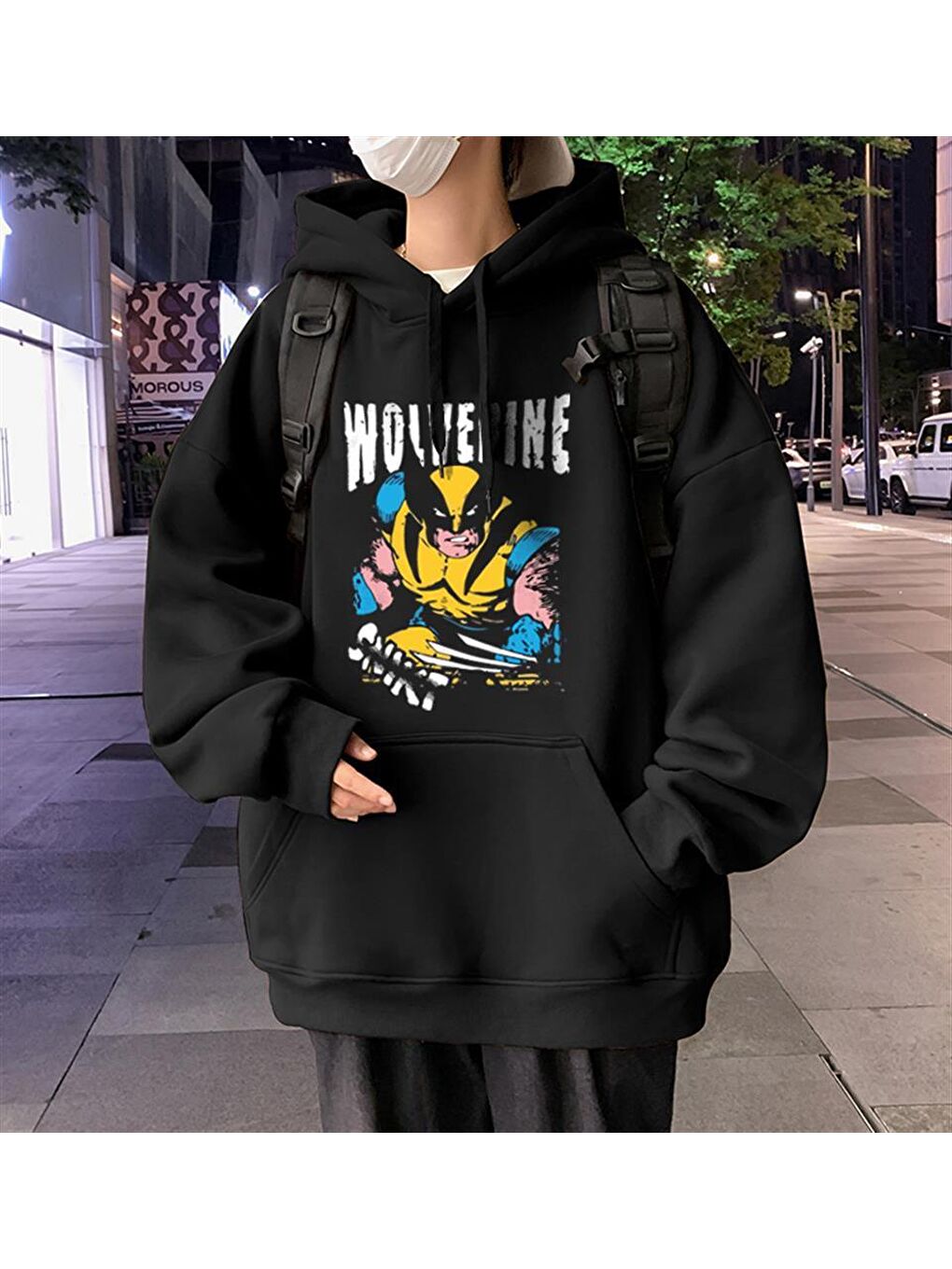 Touz Moda Siyah Wolverine Baskılı Siyah Unisex Oversize Kapüşonlu Sweatshirt