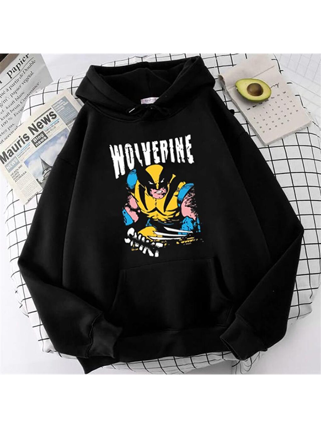 Touz Moda Siyah Wolverine Baskılı Siyah Unisex Oversize Kapüşonlu Sweatshirt - 1