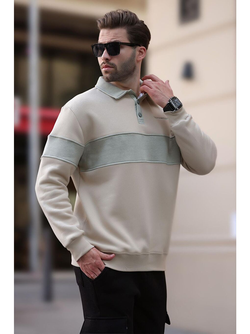Bej Polo Yaka Renk Bloklu Erkek Sweatshirt 7072-1