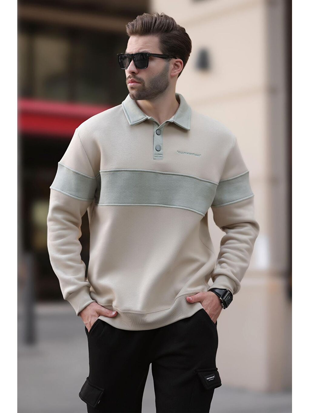 Bej Polo Yaka Renk Bloklu Erkek Sweatshirt 7072-2