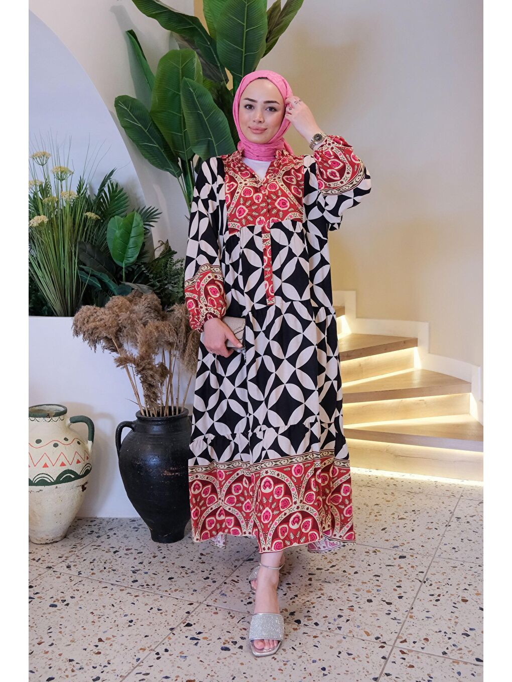 Desenli Elbise Siyah