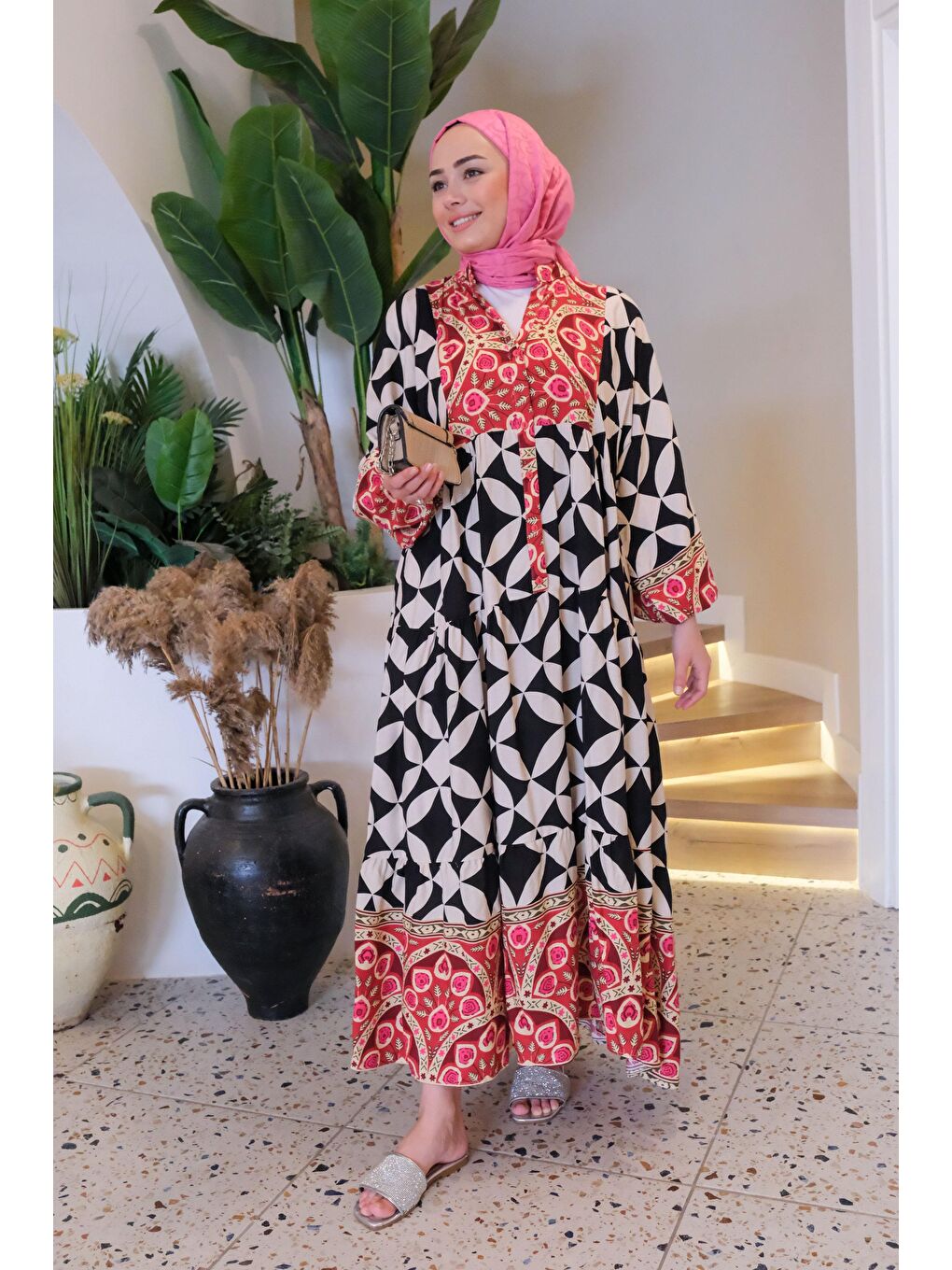 Desenli Elbise Siyah-1