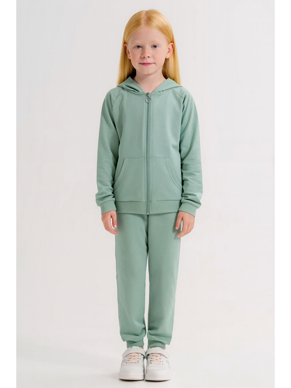 Yeşil Kız - Erkek Çocuk Basic Fermuarlı Okul Eşofman Takımı Ak0785-1