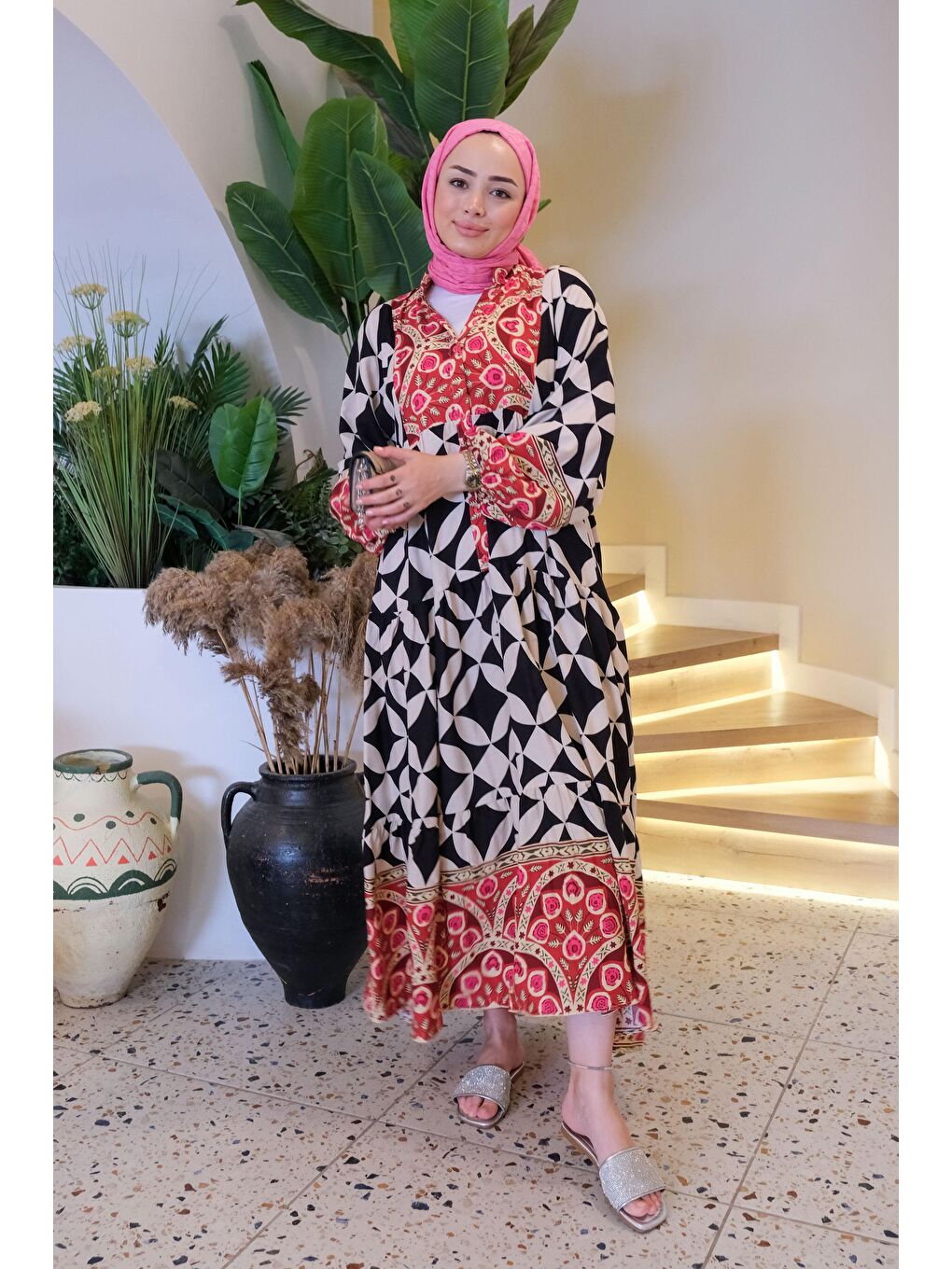 Desenli Elbise Siyah-3