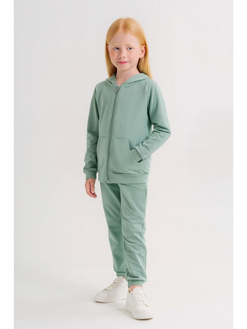 Yeşil Kız - Erkek Çocuk Basic Fermuarlı Okul Eşofman Takımı Ak0785-2