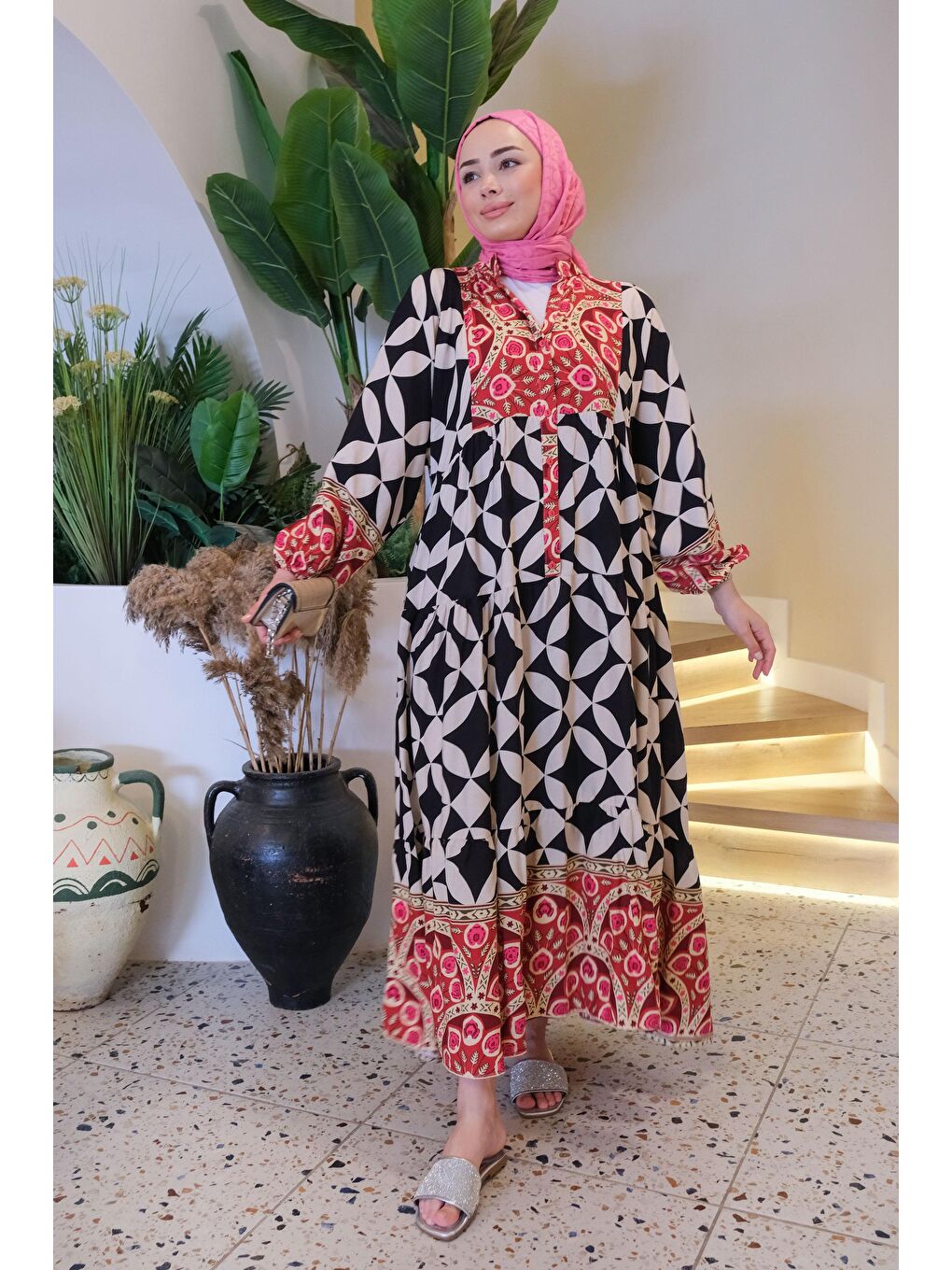 Desenli Elbise Siyah-4