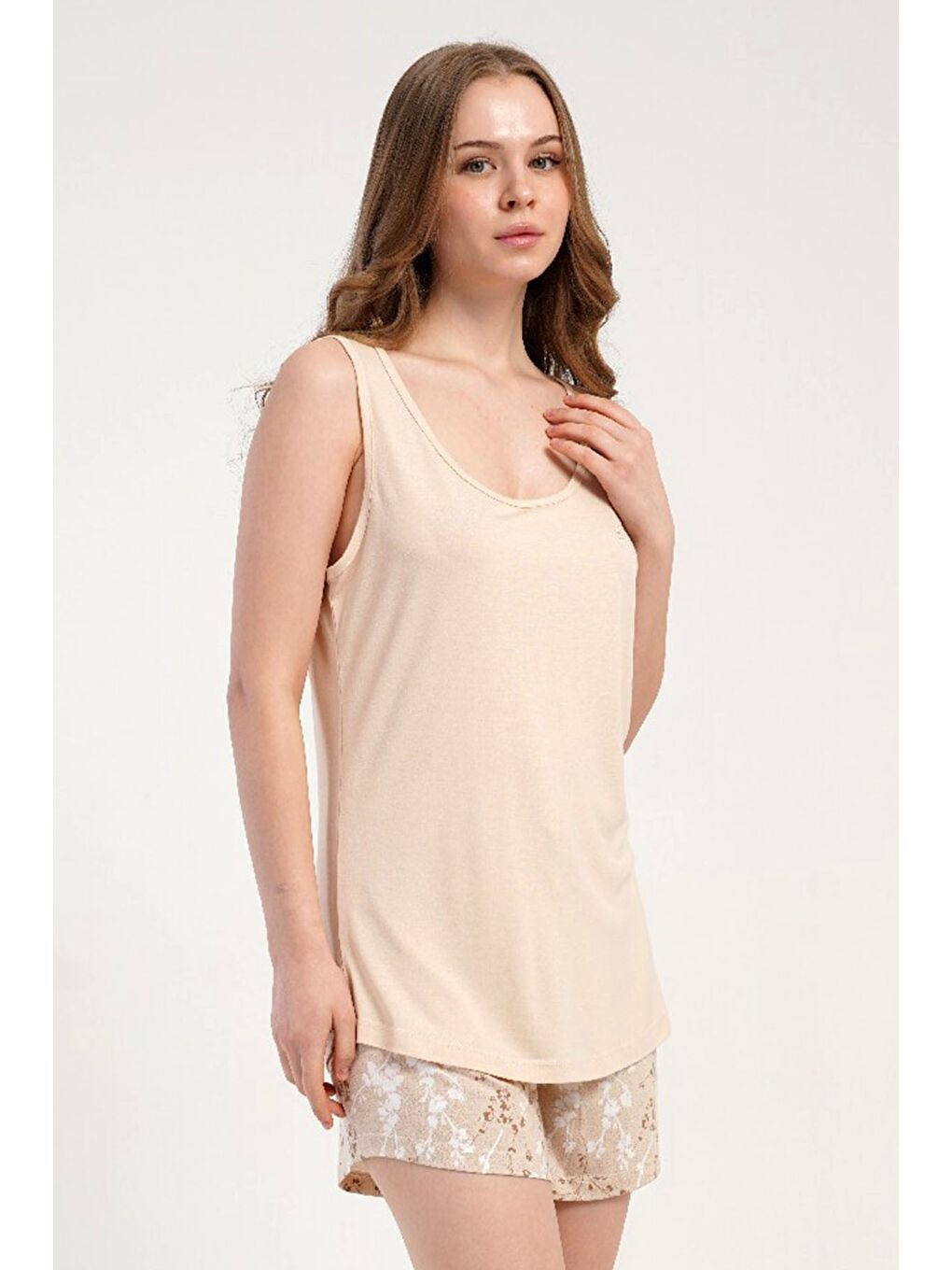 Kahverengi Kalın Askılı Şortlu Pijama Takımı Açık Kahve-512239-1