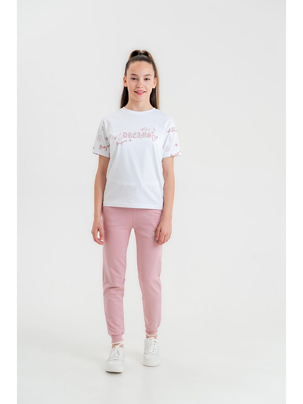 Mışıl Kids Pembe Dreams Bonjour Baskılı Kız Çocuk T-shirt Eşofman Altı Alt Üst Takımı