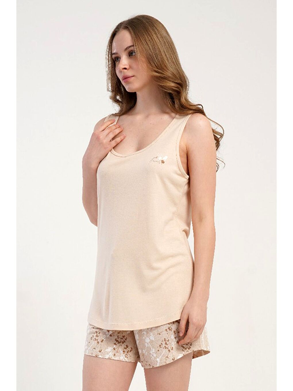 Kahverengi Kalın Askılı Şortlu Pijama Takımı Açık Kahve-512239-2