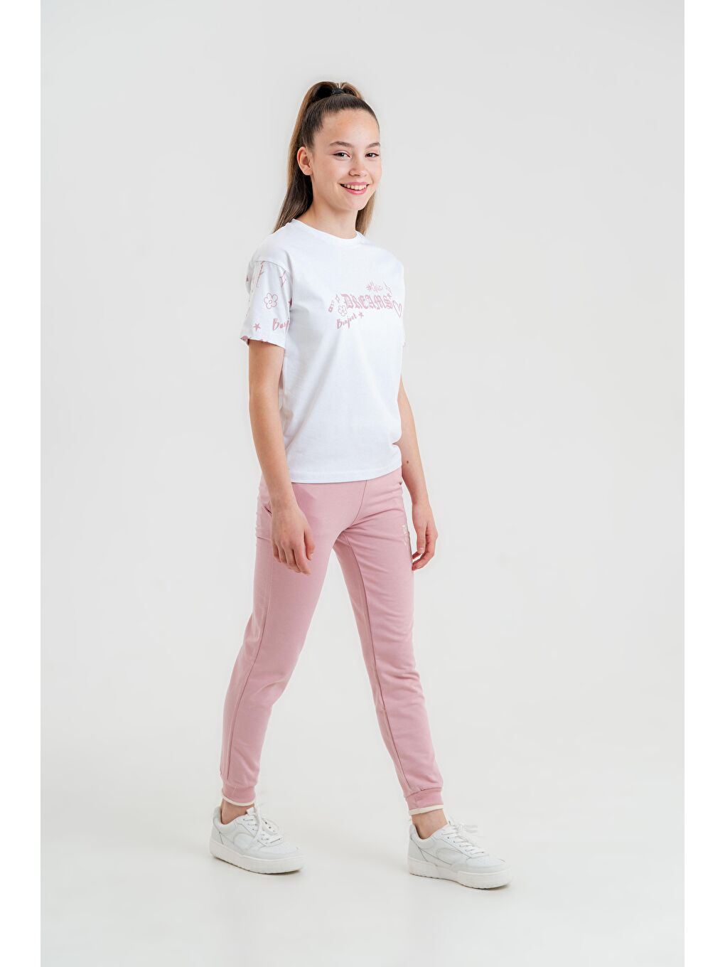 Mışıl Kids Pembe Dreams Bonjour Baskılı Kız Çocuk T-shirt Eşofman Altı Alt Üst Takımı - 1