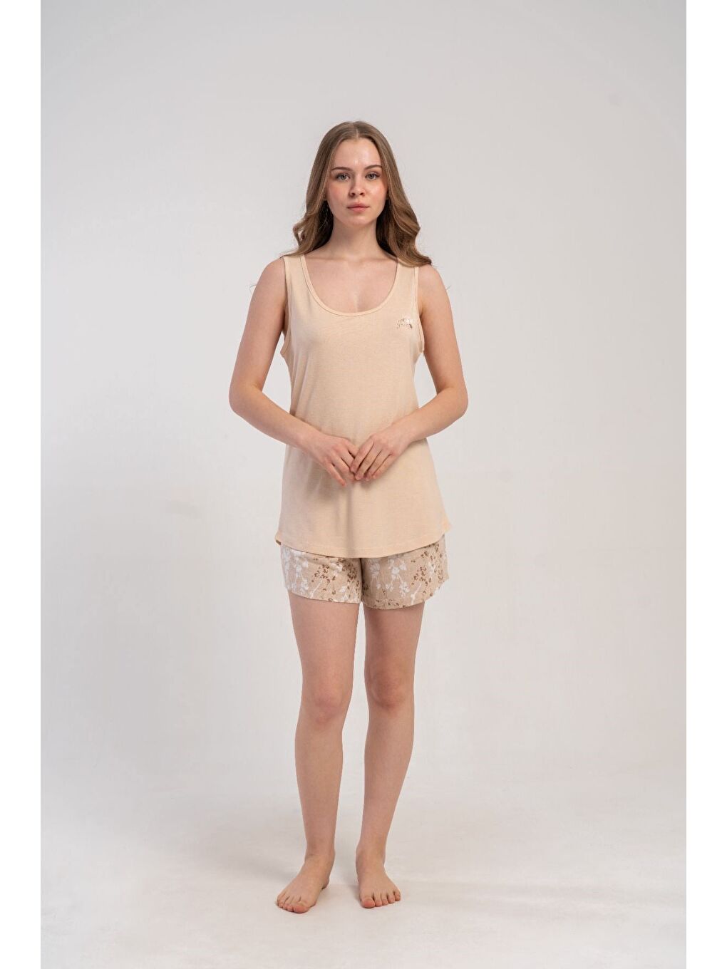 Kahverengi Kalın Askılı Şortlu Pijama Takımı Açık Kahve-512239-5