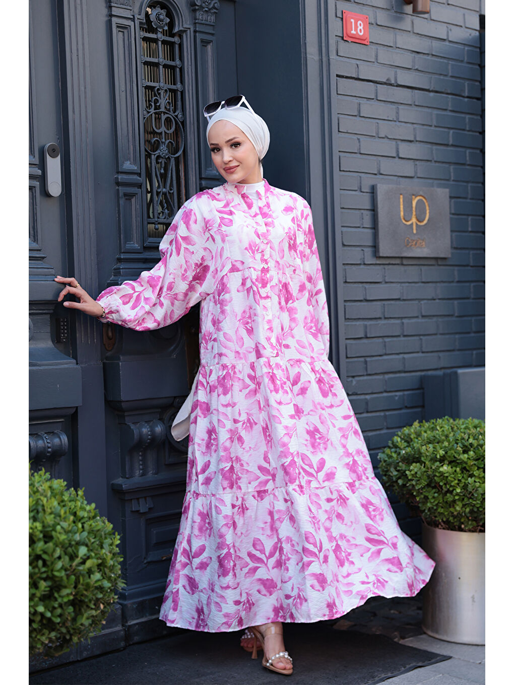 Kadın Yapraklı Soyut Desen Elbise Pembe-1