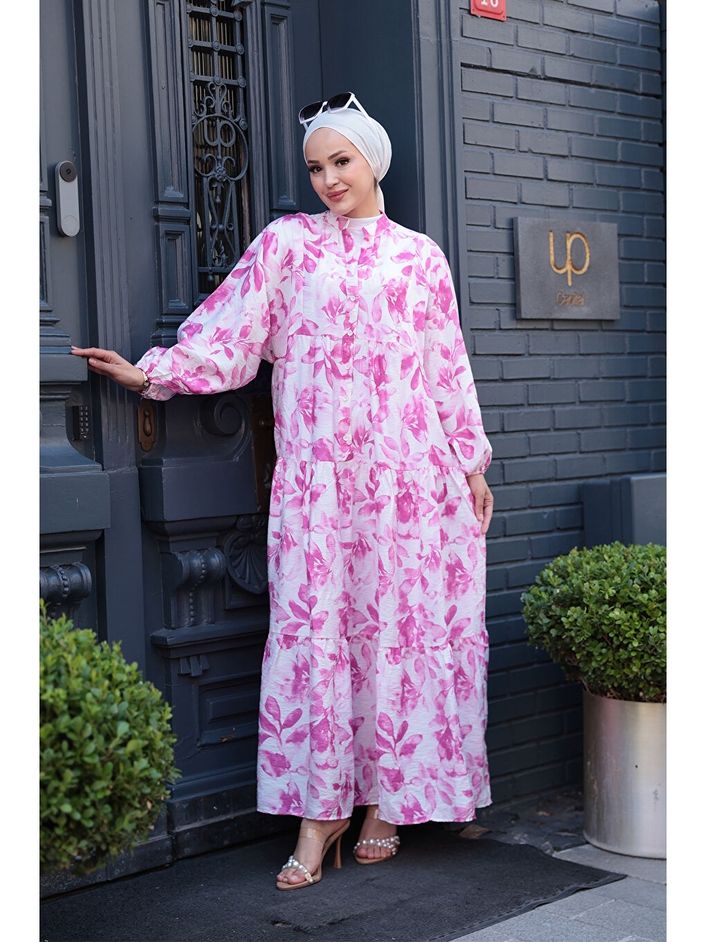 Kadın Yapraklı Soyut Desen Elbise Pembe-2