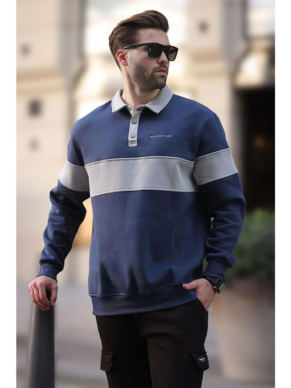 Lacivert Polo Yaka Renk Bloklu Erkek Sweatshirt 7072-1