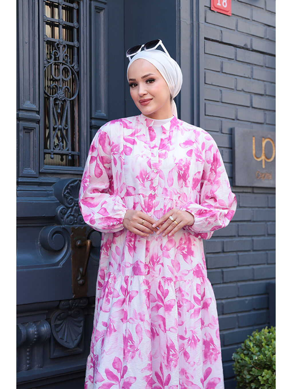 Kadın Yapraklı Soyut Desen Elbise Pembe-3