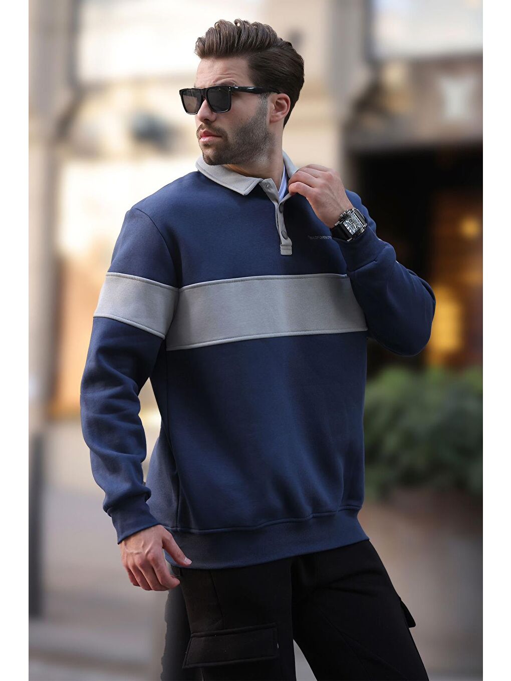 Lacivert Polo Yaka Renk Bloklu Erkek Sweatshirt 7072-2