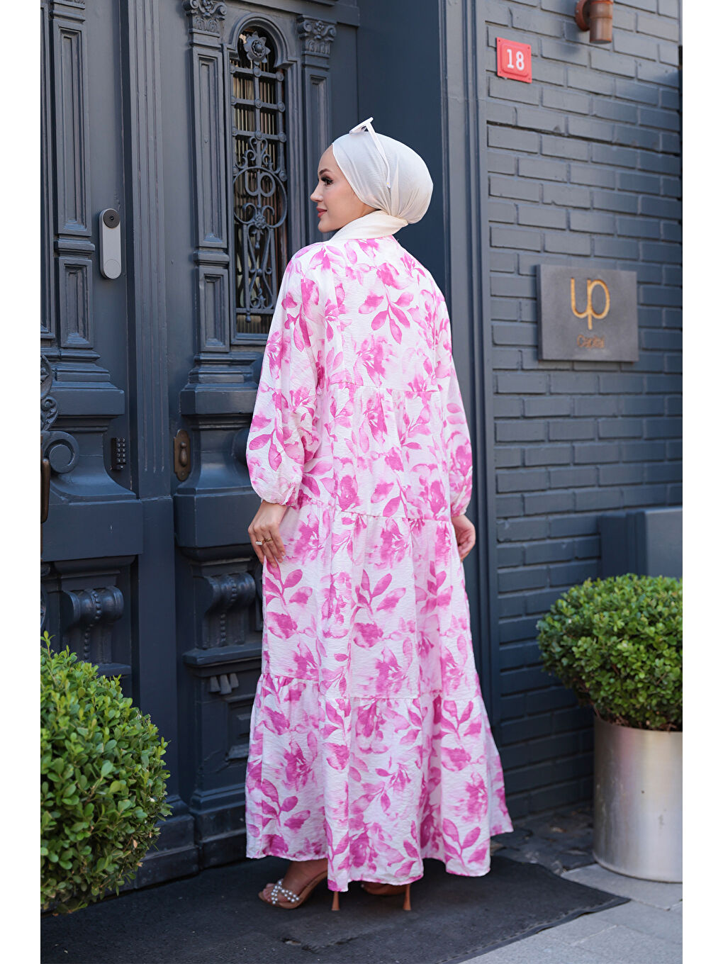 Kadın Yapraklı Soyut Desen Elbise Pembe-4