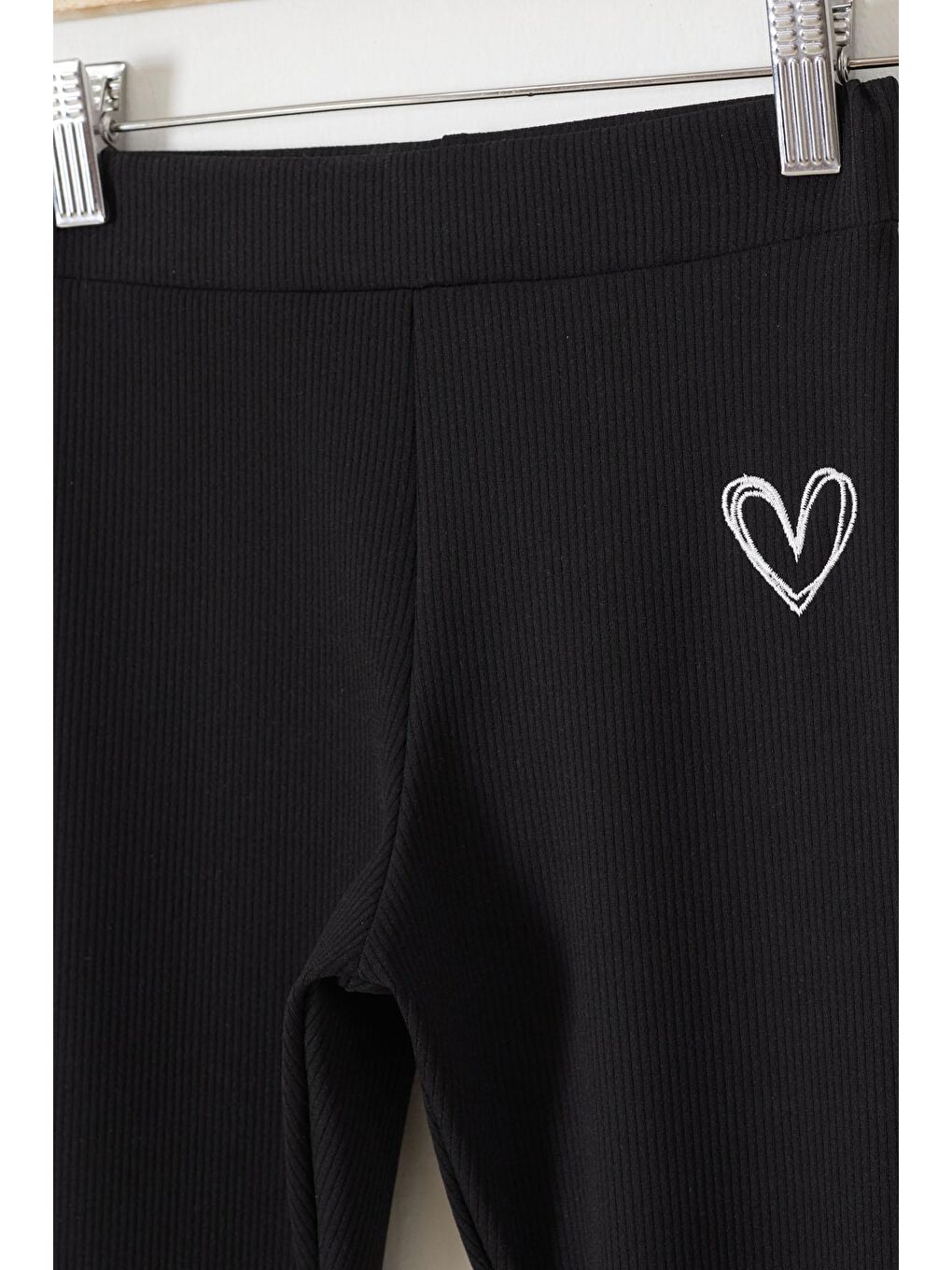 Fitilli Kalp Nakışlı İspanyol Paça Kız Çocuk 2'li Tayt Siyah-Somon 18214-3